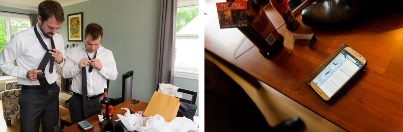 Groomsmen putting on tie