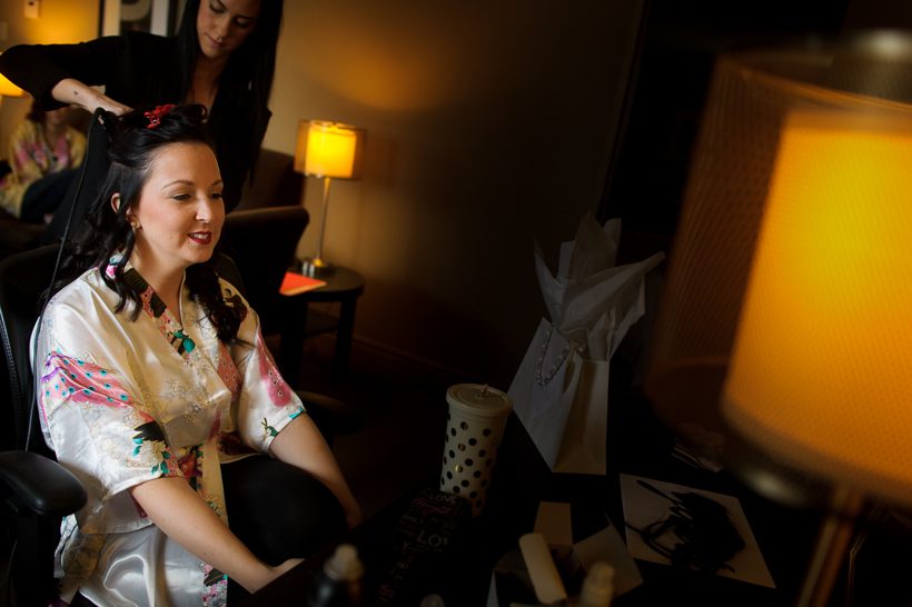 bride getting hair done